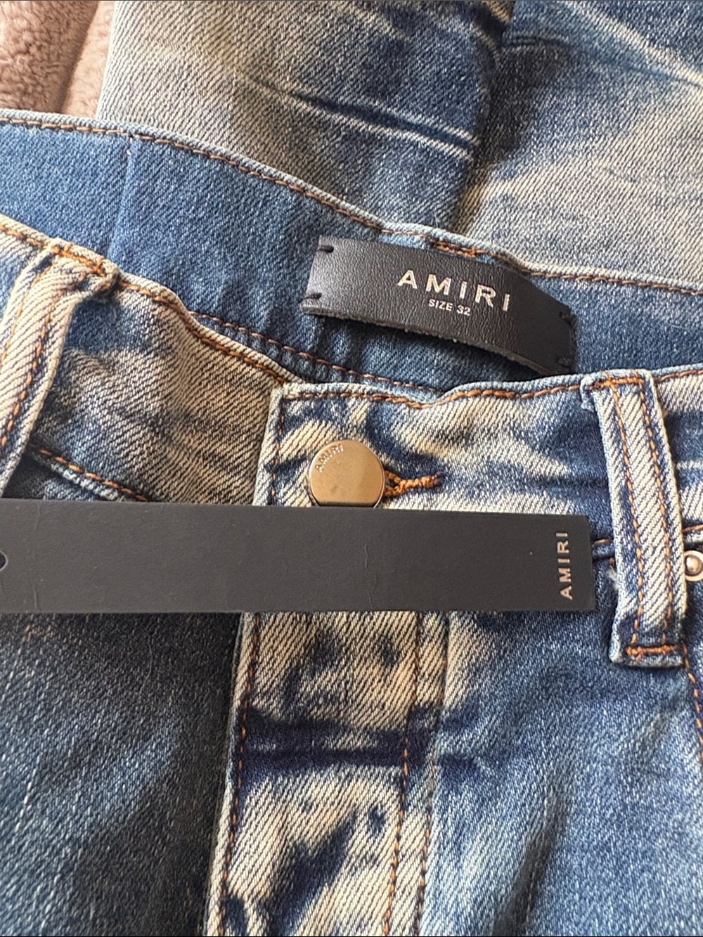 AMIRI Light Blue Washed Distressed Jeans with Multicolor Embroidery - Picture 2 of 3